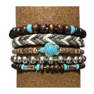 Boho Turtle Bracelets - Mixed 5 Piece Set - Adjustable Stackable Turquoise